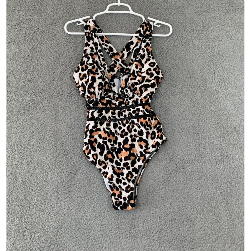 Tempt Me Women's Leopard Print One Piece Swimsuit V Neck Criss Cross Medium